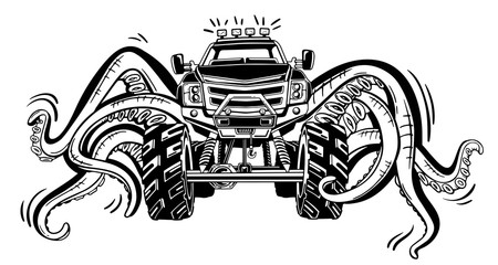 Vector Monster truck with tentacles of the mollusk. Mystical animal car tattoo. Adventure, travel, outdoors art symbols. 4x4. Off Road. © AnasteZia