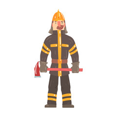 Firefighter in safety helmet and protective suit standing with axe cartoon character vector Illustration 