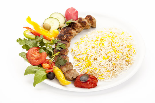 Grilled Lamb Kebab Koobideh With Rice And Herb