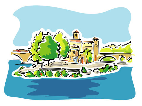 Vector illustration of Tiber Island in Rome Italy