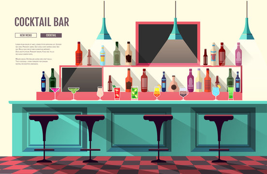 Flat style interior of cocktail bar. Web site design. Cocktail menu