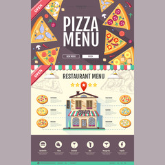 Flat style pizzeria cafe design. Web site design. Pizza menu