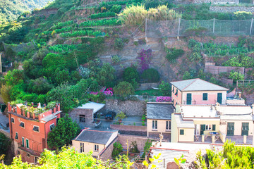 Fototapeta premium View on architecture of old italian village. Riomaggiore is one of the most popular old village in Cinque Terre, taly