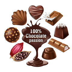 Set of vector icons of chocolate desserts and candies, liquid chocolate and cocoa beans in a realistic style. Print, template, design element for packaging and advertising, stickers
