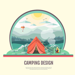 Flat style design of retro Mountains landscape and camping.