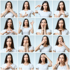 Collage of beautiful girl with different facial expressions
