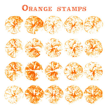 Set of orange fruit stamps. Orange marks on paper. Orange silhouette isolated on white background