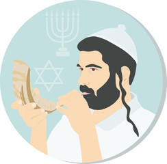 Avtar, symbol in the circle of Ortodox Jew, Hasid, Rabbi with a ram's horn. Jewish attributes of Judaism. Celebrating Jewish holidays Hanukkah, Rosh Hashanah. Menorah, the star of David. AI10