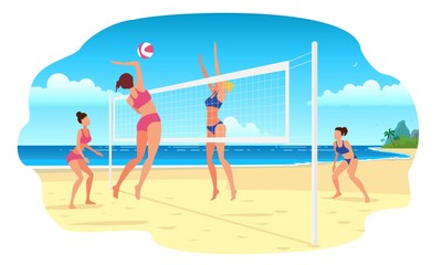 Girls playing volleyball on the beach.