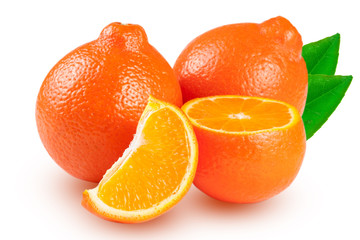 two orange tangerine or Mineola with leaves isolated on white background