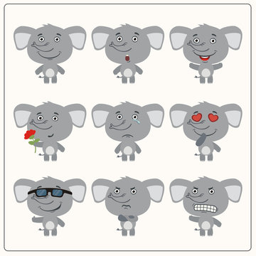 Vector set of isolated elephant with different emotions. Collection funny elephant in cartoon style.