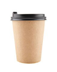 Paper cup with coffee isolated on white background close-up