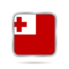 Flag of Tonga. Shiny metallic gray square button.