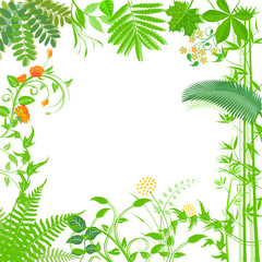 Hintergrund mit grünen Pflanzen und Blumen