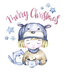 Fototapeta na wymiar Winter holidays illustration. Watercolor kitty and little boy with a cup of hot drink. New Year card. Merry Christmas.