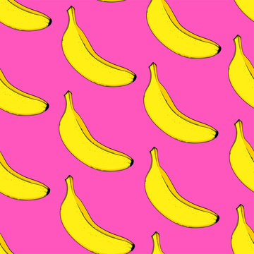 Seamless fruit pattern with banana on pink purple background. Vector illustration, eps 10.