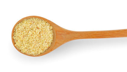 Wheat germ in wood spoon on white background