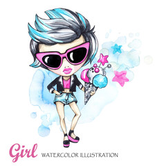Summer illustration. Watercolor card fashion girl with ice cream. Teenager. Have fun.