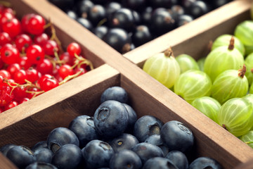 Red black currant blueberry gooseberry in a wooden box