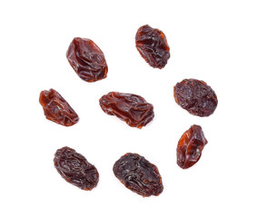 Top view of Dried raisins isolated on white background - obrazy, fototapety, plakaty