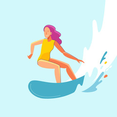 Vector summer illustration in modern trendy flat linear style - happy girl surfing