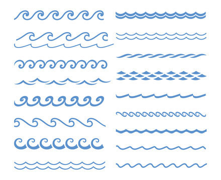 sound water waves set. Blue line wave ornament. Seamless vector marine wave decoration background. Paper wave design. Vector sound waves set. Audio Player. Audio equalizer technology, pulse musical.