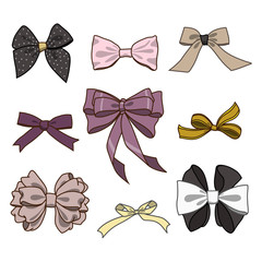 Fashion collection of bows. Vector colorful illustration in rustic style