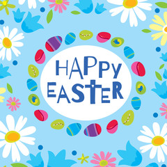 Fototapeta na wymiar Colorful Happy Easter greeting card with flowers eggs elements composition. Cute Happy Easter greeting card
