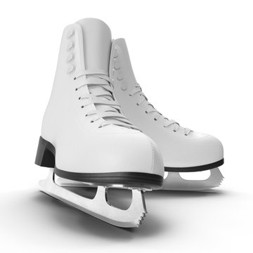 Pair of the white ice skates for girls, isolated on a white. 3D illustration, clipping path