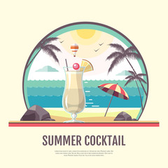 Flat style design of summer beach landscape with cocktail
