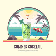 Flat style design of summer beach landscape with cocktail