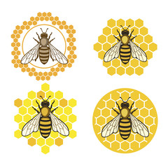 Honey bee set. Honey bee set. Vector. Set of honey and bee labels for honey logo products. Isolated insect icon. Flying bee. Flat style vector illustration.