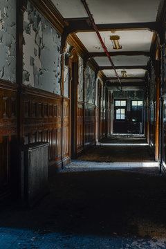 Derelict Hallway with Wood Paneling - Abandoned School for Boys - New York
