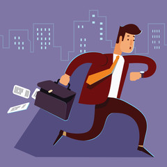 A manager or businessman is late hurry run. Man late for work runs with a suitcase falling paper Businessman run and look on watch