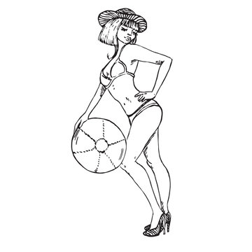 recommend clip art: Portrait of sexy girl in hat and bikini posing with ball, hand drawn outline doodle, sketch in pop art style, black and white vector illustration