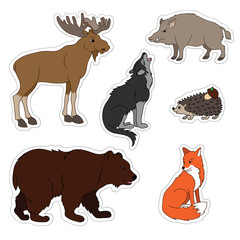 Set of various cute animals, stickers of forest animals. Wolf, fox, bear, wild boar, moose, hedgehog.