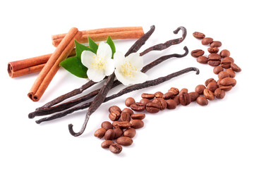 Vanilla sticks and cinnamon with coffee beans and flower isolated on white background