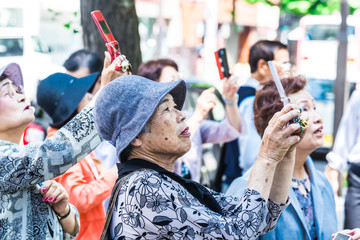 携帯電話のカメラで撮影している高齢者女性