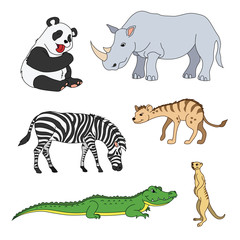 Set of various cute animals, safari animals. Panda, zebra, alligator, crocodile, gopher, rhinoceros, rhino, hyena