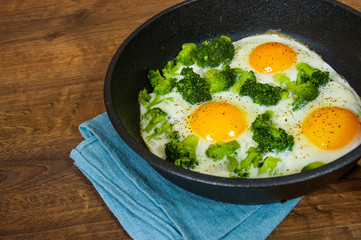 Fried eggs with broccoli in a iron frying pan on the brown wooden table background. with copy space.