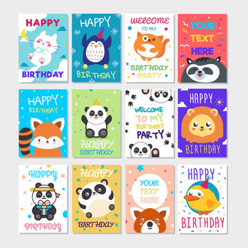 Set of cute animals poster. Cute Happy birthday greeting card for child fun cartoon style