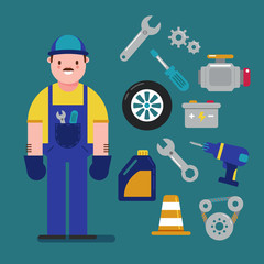 Mechanic and Car service concept with flat icons. Vector illustration