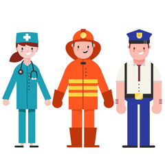 Set of people icons in flat style policeman, fireman, doctor. Emergency service. people different professions.