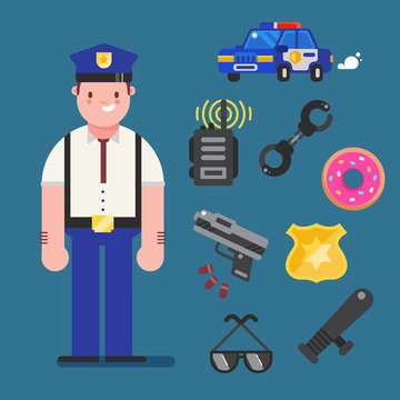 Policeman character design with policeman icons set. Cop elements for info graphic. Vector illustration