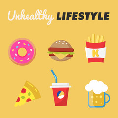Unhealthy Lifestyle. Concept of unhealthy lifestyle. Donut, beer, fries, Burger, pizza, soda. Vector illustration
