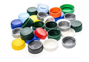 Plastic bottle caps in different colours.