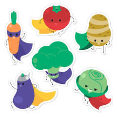 Cartoon vegetable superheroes. Funny vegetable face icon collection. Isolated on white background vector illustration