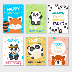 Set of cute animals poster. Cute Happy birthday greeting card for child fun cartoon style There are birthday gifts funny animals