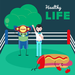 Healthy lifestyle. Fight with junk food and healthy food cartoon. Broccoli won a battle against hot-dog. Hot-dog fails