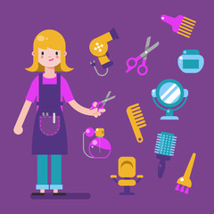 Hairdresser character design with barber equipment icons set. Stylist elements for info graphic.